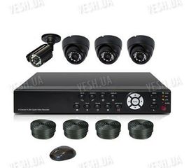 Готовый 4-х камерный DIY комплект проводного видеонаблюдения для самостоятельной установки (3 внутренних купольных камеры + 1 уличная камера) (мод. KT7604AD-A Kit 2), фото 1