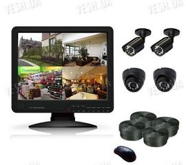 Готовый 4-х камерный DIY комплект проводного видеонаблюдения с LCD COMBO DVR регистратором-монитором для самостоятельной установки (2 внутренних купольных камеры + 2 уличных камеры) (мод. KT1504L KIT 3), фото 1