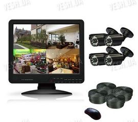 Готовый 4-х камерный DIY комплект проводного видеонаблюдения с LCD COMBO DVR регистратором-монитором для самостоятельной установки (4 уличных камеры) (мод. KT1504L KIT 5), фото 1
