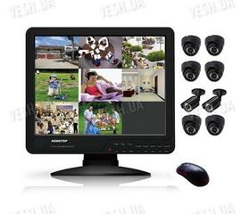 Готовый 8-ми камерный DIY комплект проводного видеонаблюдения с LCD COMBO DVR регистратором-монитором для самостоятельной установки (6 внутренних купольных камер + 2 уличных камеры) (мод. KT1508L KIT 2), фото 1