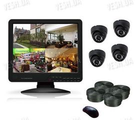 Готовый 4-х камерный DIY комплект проводного видеонаблюдения с LCD COMBO DVR регистратором-монитором для самостоятельной установки (4 внутренних купольных камеры) (мод. KT1504L KIT 1), фото 1