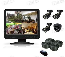 Готовый 4-х камерный DIY комплект проводного видеонаблюдения с LCD COMBO DVR регистратором-монитором для самостоятельной установки (3 уличных камеры + 1 внутренняя купольная камера) (мод. KT1504L KIT 4), фото 1