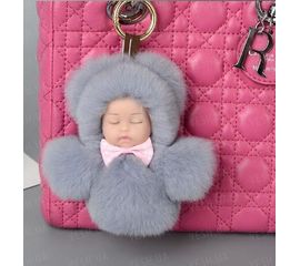 Меховой брелок на сумку. Куколка. 13 см. Серый, фото 1