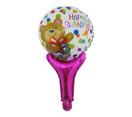 Шарик с надувной ручкой Happy Birthday мишка, фото 1