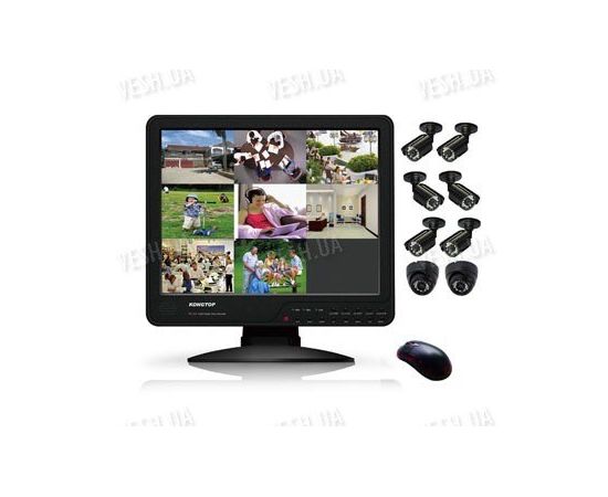 Готовый 8-ми камерный DIY комплект проводного видеонаблюдения с LCD COMBO DVR регистратором-монитором для самостоятельной установки (6 уличных камеры + 2 внутренних купольных камеры) (мод. KT1508L KIT 4), фото 1