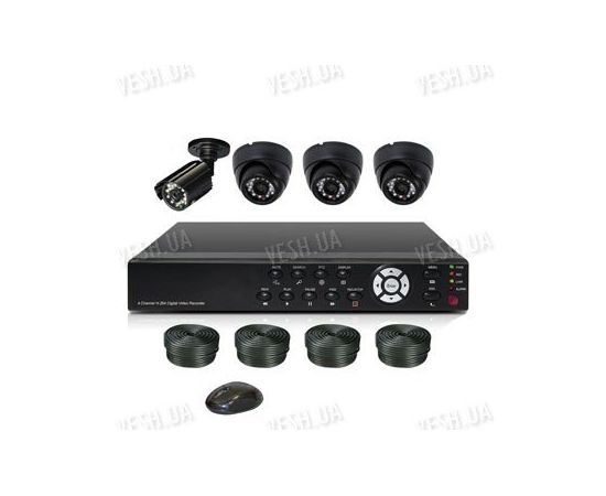 Готовый 4-х камерный DIY комплект проводного видеонаблюдения для самостоятельной установки (3 внутренних купольных камеры + 1 уличная камера) (мод. KT7604AD-A Kit 2), фото 1