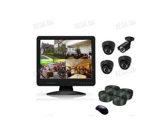 Готовый 4-х камерный DIY комплект проводного видеонаблюдения с LCD COMBO DVR регистратором-монитором для самостоятельной установки (3 внутренних купольных камеры + 1 уличная камера) (мод. KT1504L KIT 2), фото 1