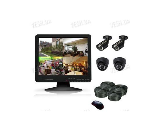 Готовый 4-х камерный DIY комплект проводного видеонаблюдения с LCD COMBO DVR регистратором-монитором для самостоятельной установки (2 внутренних купольных камеры + 2 уличных камеры) (мод. KT1504L KIT 3), фото 1