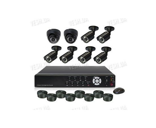 Готовый 8-ми камерный DIY комплект проводного видеонаблюдения для самостоятельной установки (6 уличных камер + 2 внутренних купольных камеры) (мод. KT7608AC KIT 4), фото 1