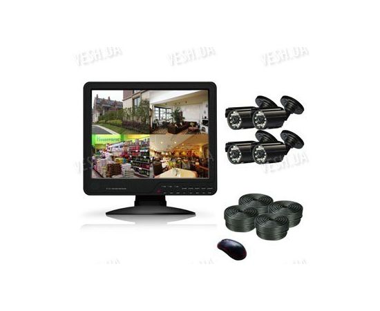 Готовый 4-х камерный DIY комплект проводного видеонаблюдения с LCD COMBO DVR регистратором-монитором для самостоятельной установки (4 уличных камеры) (мод. KT1504L KIT 5), фото 1