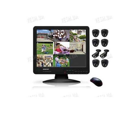 Готовый 8-ми камерный DIY комплект проводного видеонаблюдения с LCD COMBO DVR регистратором-монитором для самостоятельной установки (6 внутренних купольных камер + 2 уличных камеры) (мод. KT1508L KIT 2), фото 1