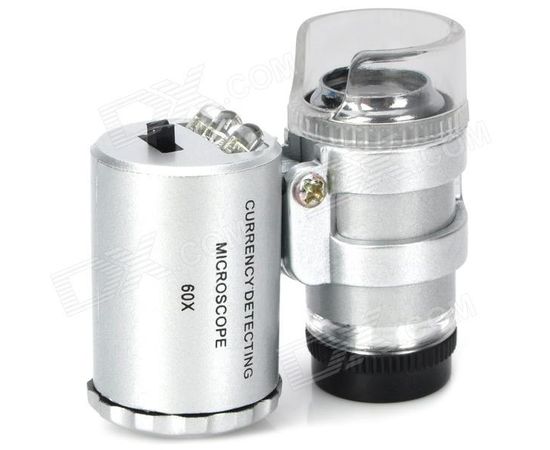 Супер-мини микроскоп с LED и UV УФ подсветкой с увеличением 60 Х (для детекции фальшивых денег), фото 1