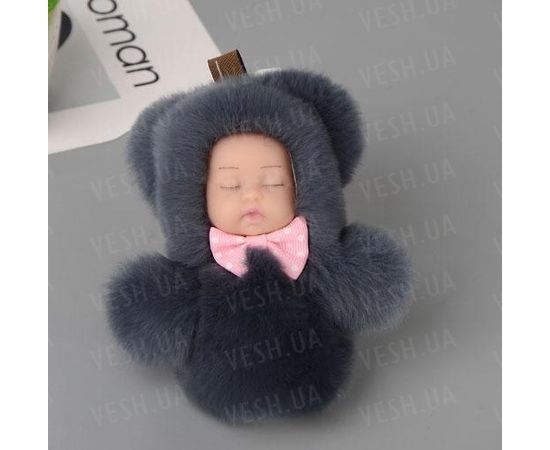 Товар распродан - Меховой брелок на сумку. Куколка. 13 см. Темно-серый - Аксессуары для сумок, фото 1