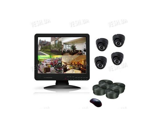 Готовый 4-х камерный DIY комплект проводного видеонаблюдения с LCD COMBO DVR регистратором-монитором для самостоятельной установки (4 внутренних купольных камеры) (мод. KT1504L KIT 1), фото 1