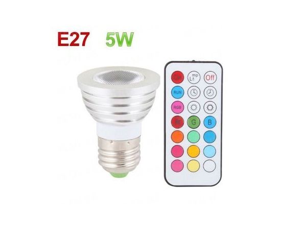 Мощная 16-ти цветная 5W LED лампа освещения с пультом ДУ и разными режимами освещения для создания романтической обстановки в помещении (модель E-27-5W), фото 1