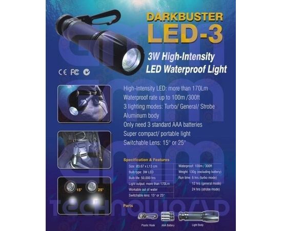 Светодиодный подводный фонарь Scuba &quot;DARKBUSTER&quot; 3Вт алюминиевый, 100м, фото 3