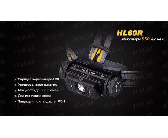 Налобный фонарь Fenix HL60R Cree XM-L2 U2 Neutral White LED (черный, песочный) : -HL серия, фото 8