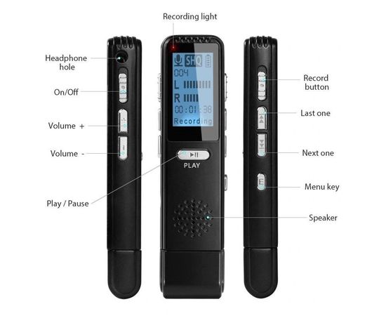 Флешка диктофон с голосовой активацией записи Vandlion V25 LCD, 8 Гб, черный, фото 5