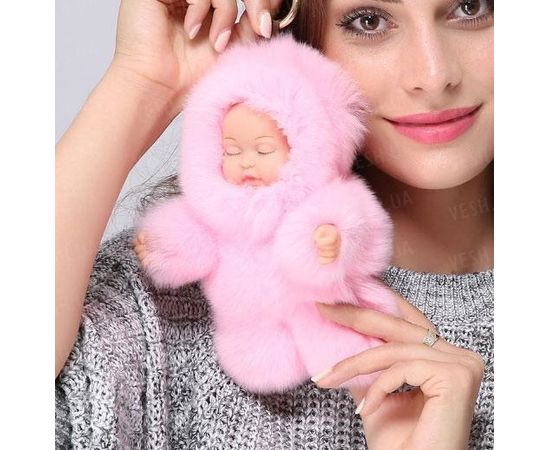 Товар распродан - Меховой брелок на сумку. Куколка. 19см. Розовый - Аксессуары для сумок, фото 1