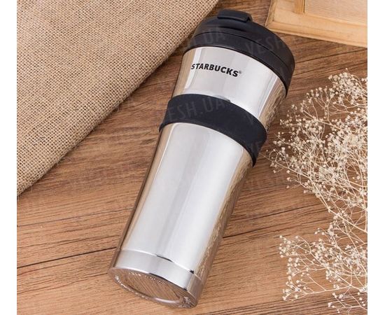 Товар распродан - Термокружка Starbucks с резиновой полоской Черный - Термосы и термокружки, фото 2