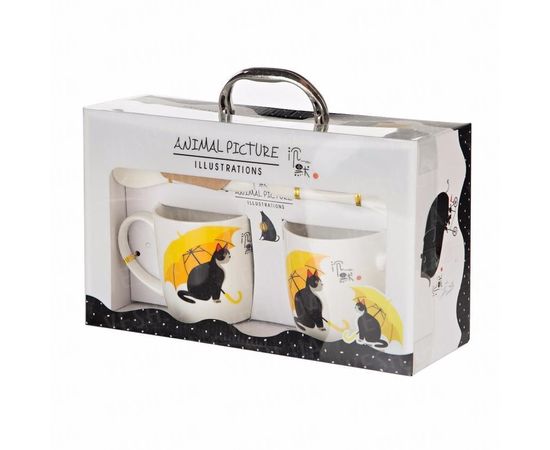 Товар распродан - Подарочный набор &quot;Кот с зонтом&quot; (2 чашки, крышки, ложки). (Уценка) - Чашки, фото 2